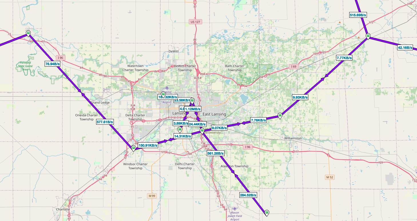 Above is a snapshot of our microwave backbone network map in the Lansing area. Traffic levels are shown when the snapshot was taken.